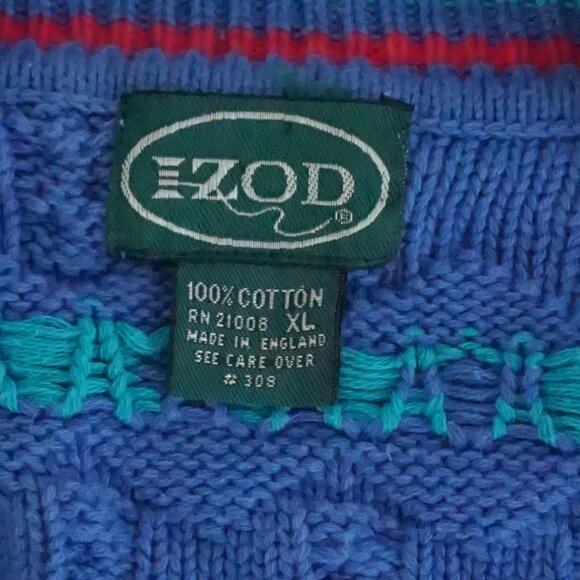 Vintage Izod Blue Cotton Patterned V Neck Sweater Eclectic Grandpa Preppycore XL - Picture 10 of 10